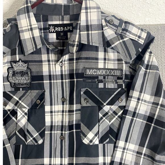 Red Ape Party  Shirt Mens M  Gray/Black Plaid Always King Patches Logo Street - Picture 8 of 15
